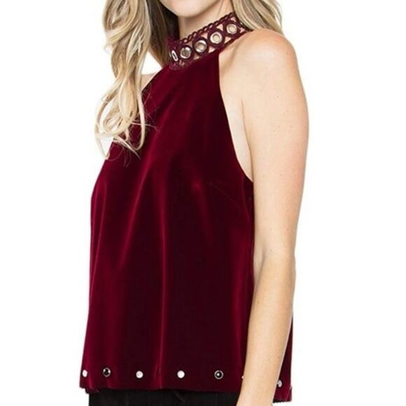 Studded Merlot Red Velvet Halter Babydoll Top - EUC - Size S - Picture 5 of 11